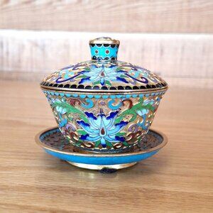 Vintage Chinese Cloisionne Lotus Flower Trinket Box